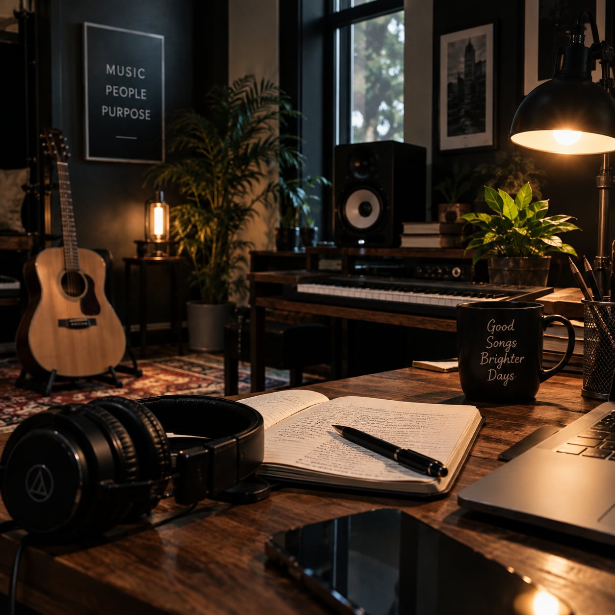 Music studio with a guitar, keyboard, headphones, and songwriting notebook